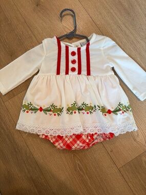 Girls White and Red Holiday Dress with Holly Trim